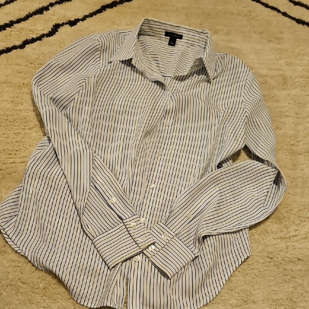 Ann Taylor White Button-Down Shirt with Navy Pinstripes